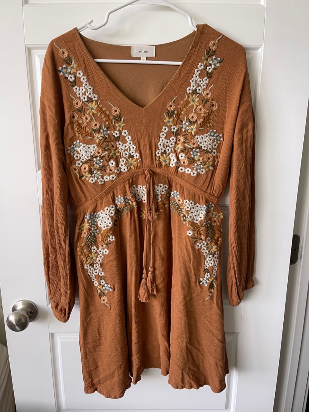 bohme Rust Floral Embroidered Long-Sleeve V-Neck Dress